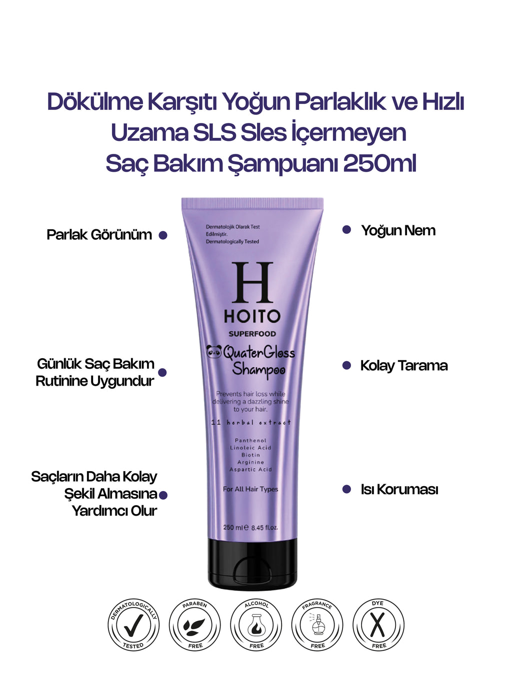 Dökülme Karşıtı Yoğun Parlaklık ve Hızlı Uzama Tuz SLS Sles İçermeyen Saç Bakım Şampuanı 250ml