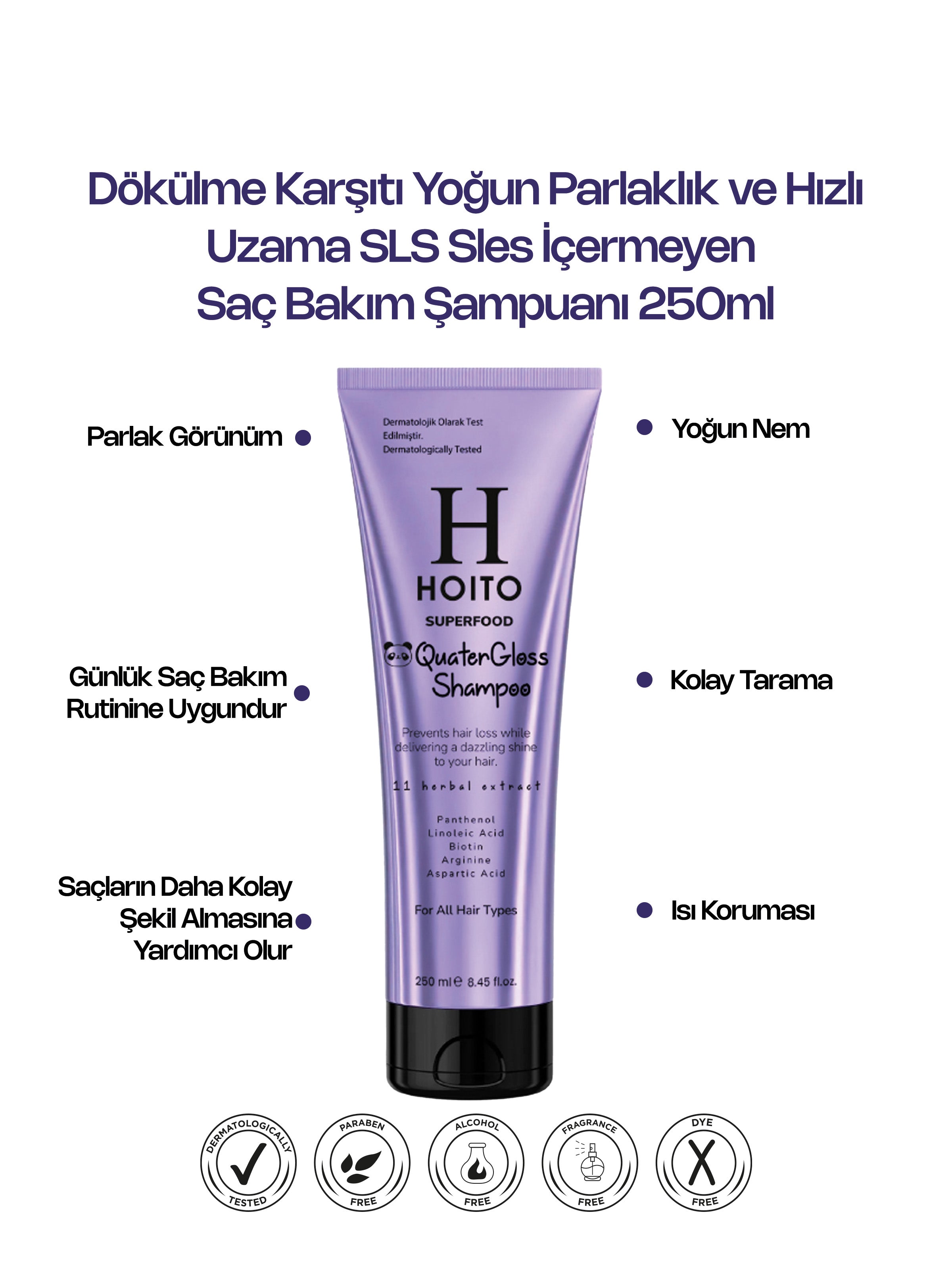 Dökülme Karşıtı Yoğun Parlaklık ve Hızlı Uzama Tuz SLS Sles İçermeyen Saç Bakım Şampuanı 250ml
