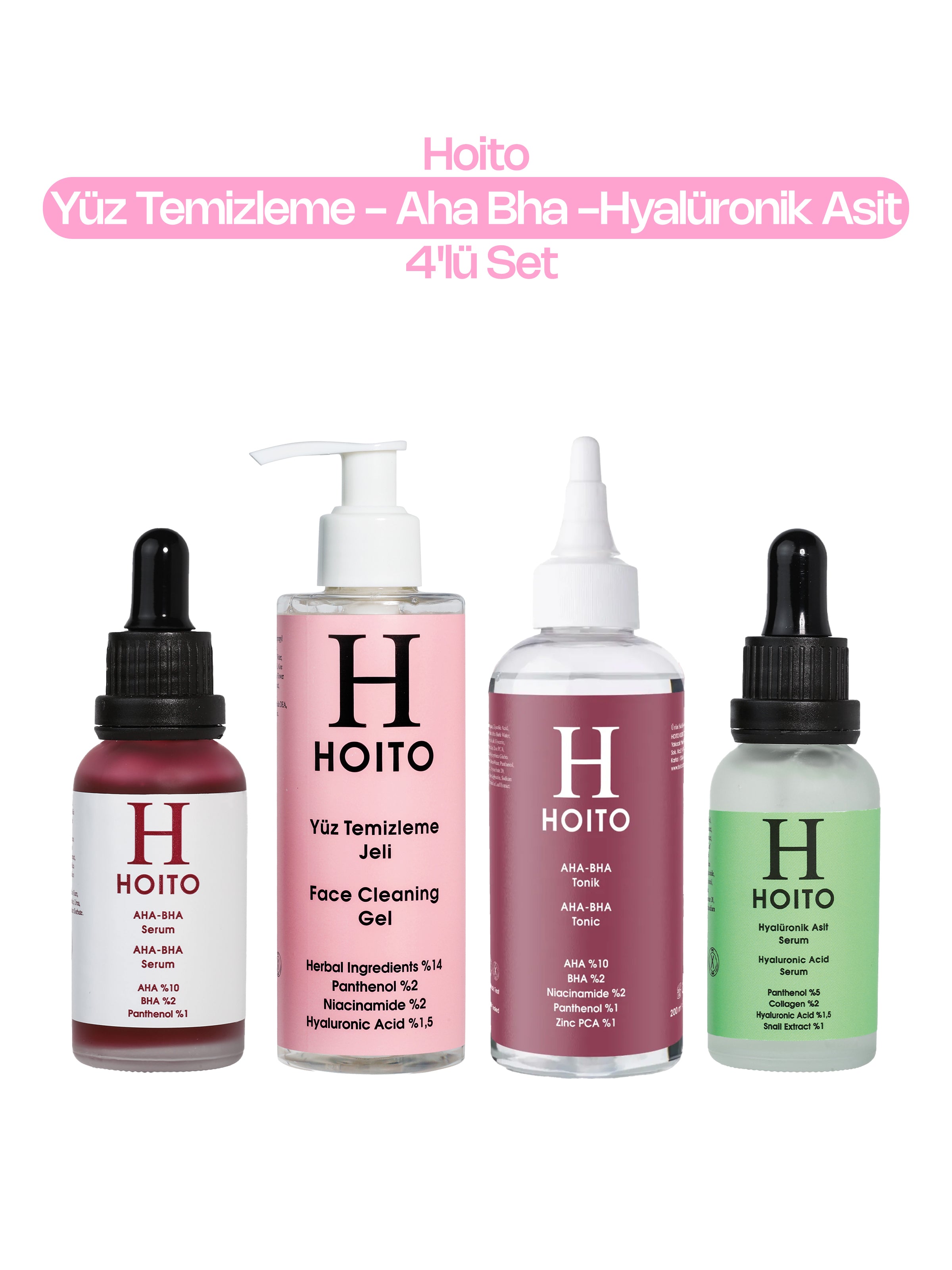 Cilt Yenileyici & Cam Cilt Görünümü Destekleyici Cilt Bakım Rutini: Yüz Temizleme Jeli (200 ml) + AHA BHA Tonik (200 ml) + AHA BHA Serum (30 ml) + Hyalüronik Asit Serum (30 ml)