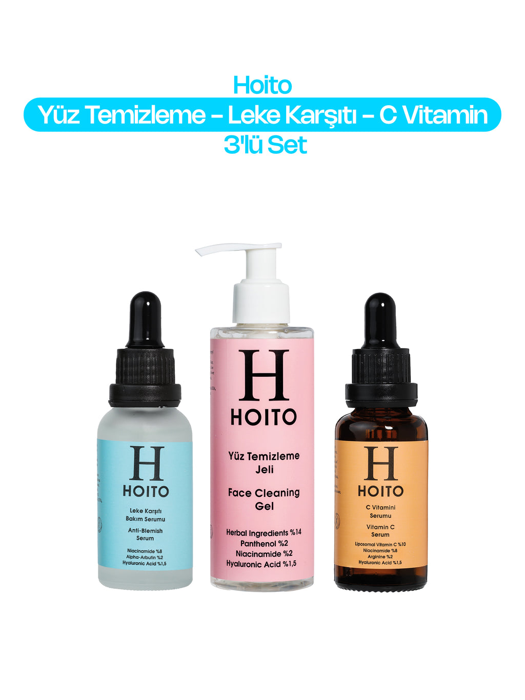 Yüz Temizleme Jeli 200ml & Leke Karşıtı Bakım Serumu 30ml & C Vitamini Serumu 30ml 3'lü Set