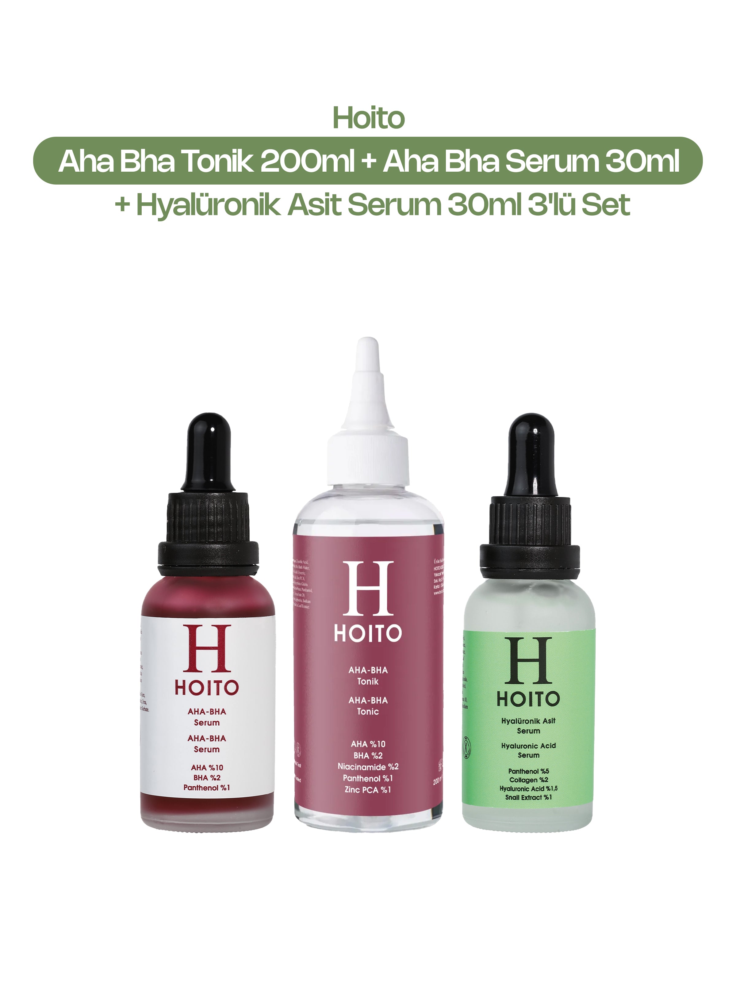 Yenileyici & Dolgunlaştırıcı Gözenek Karşıtı Cilt Bakım Rutini: AHA BHA Tonik (200 ml) + AHA BHA Serum (30 ml) + Hyalüronik Asit Serum (30 ml)