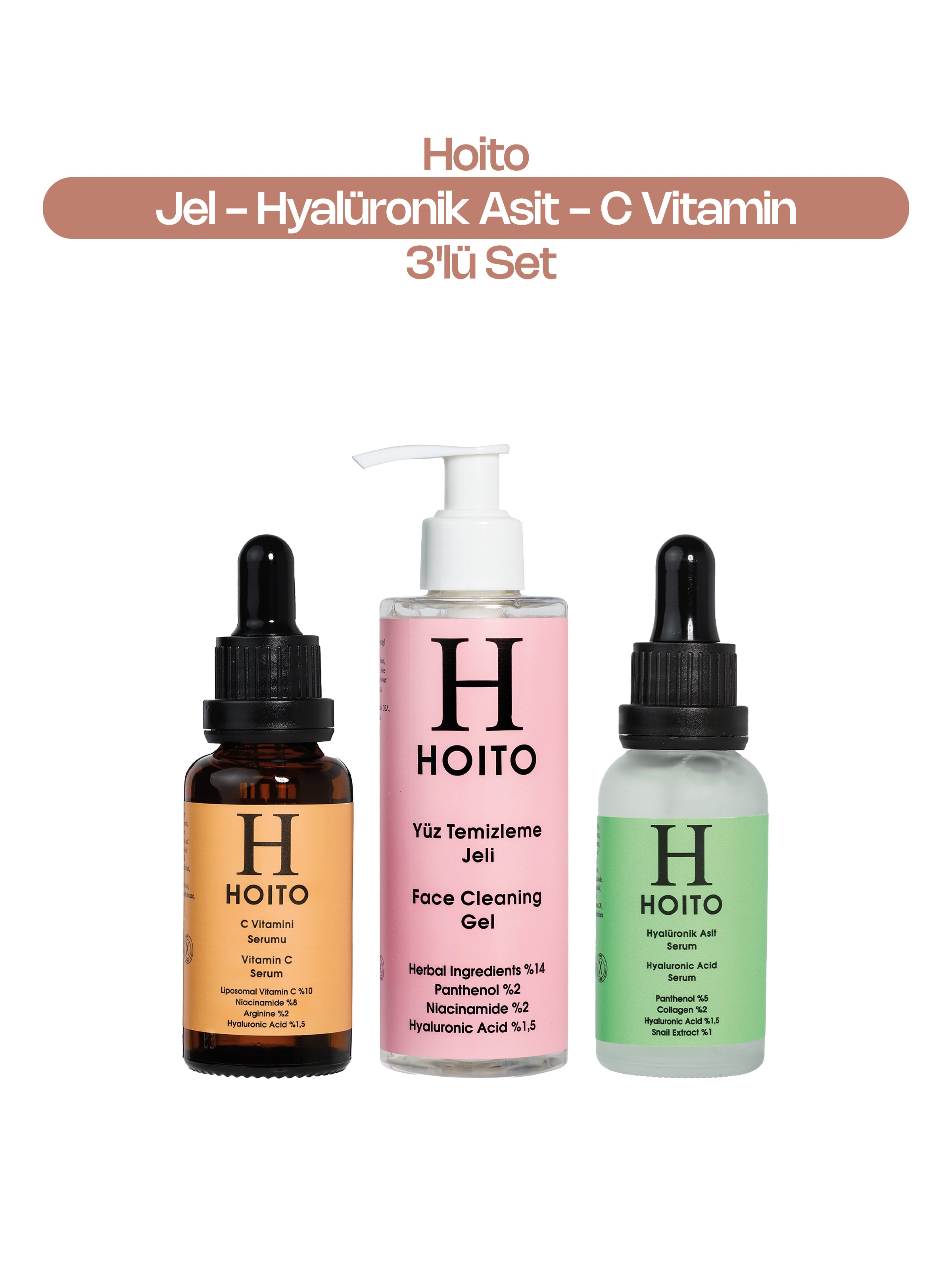 Arındırıcı & Aydınlatıcı Yoğun Nemlendirici Cilt Bakım Rutini: Yüz Temizleme Jeli (200 ml) + Hyalüronik Asit Serum (30 ml) + C Vitamini Serumu (30 ml)